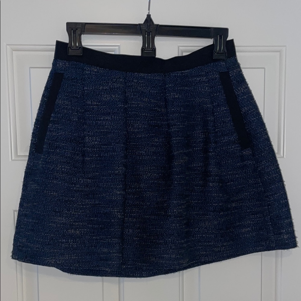 French Connection Navy Textured A-Line Skirt with Black Trim